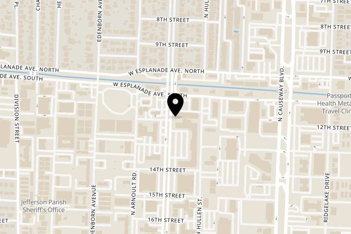 Map showing the location of Wishing Town Restaurant & Bakery Metairie on 3535 Severn Ave Ste 3 in Metairie